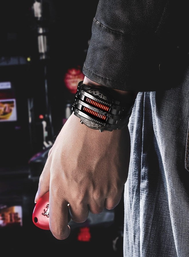 FANMIS Creative Mens Binary Matrix Blue LED Digital Watch Fashion Classic Black Plated Waterproof LED Backlight Bracelet Watches (X Black Red) - Image 3